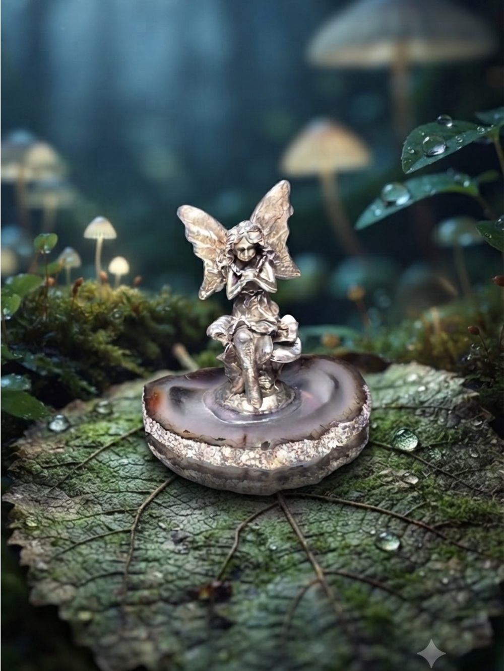 Silver Pewter Fairy Figurine on Agate Slice - Decorative Home Art NWOT